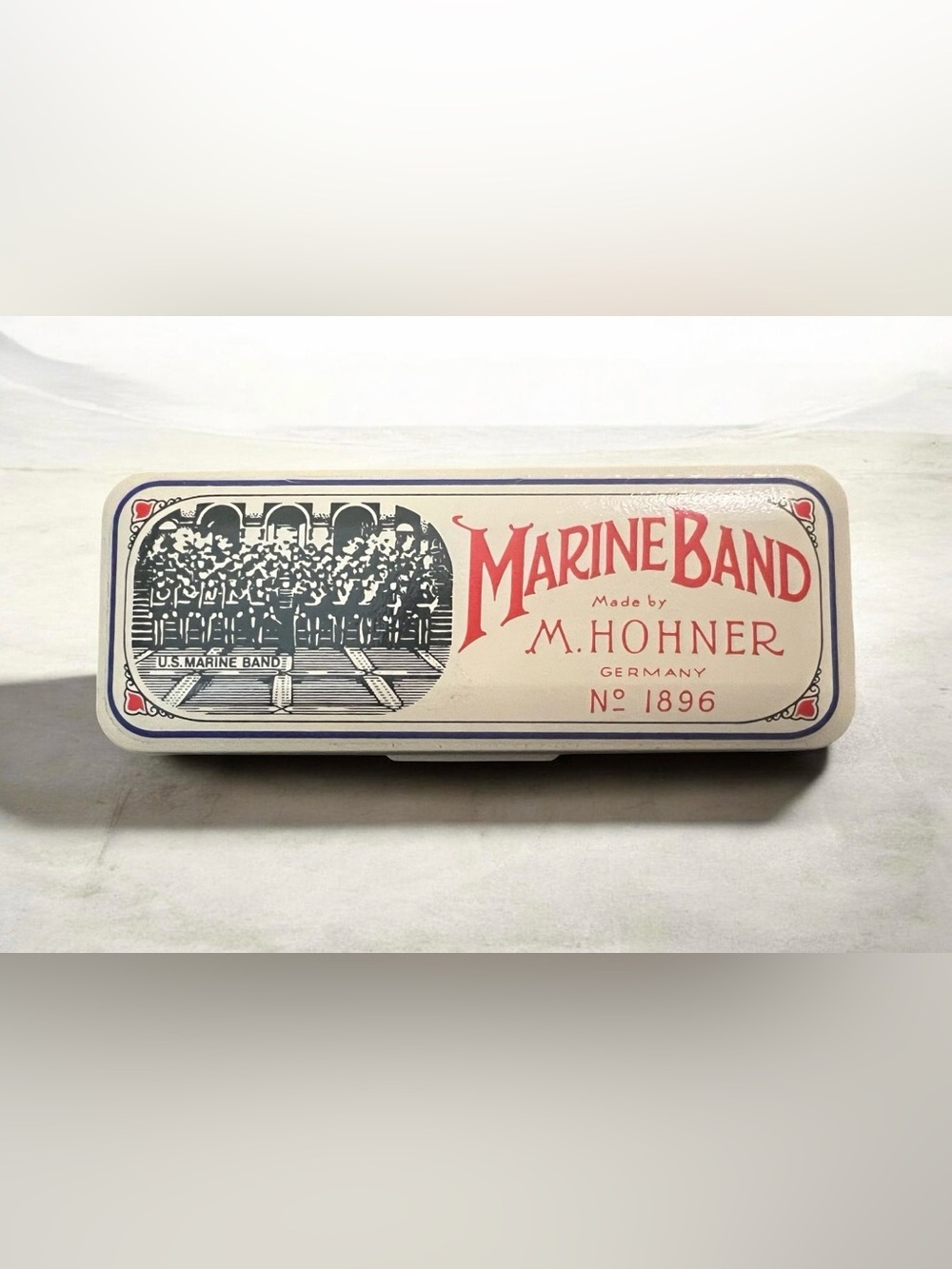 Vintage MCM M. Hohner Marine Band harmonica tin with U.S. Marine Band